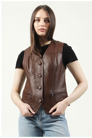 Dericlub Dc-001 Hakiki Deri Kadın Yelek Kahverengi