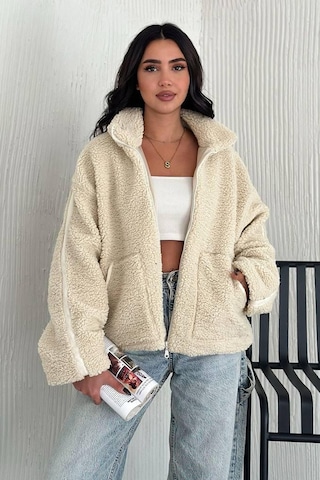 Kadın Fermuarlı Oversize Astarlı Peluş Ceket Yumuşak Dokulu & Konforlu Stil Bej