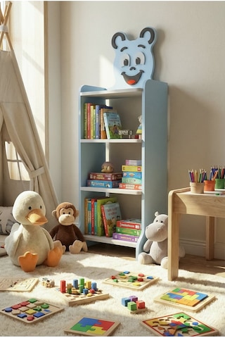 Northcity Happy Face Çocuk Kitaplığı Mavi 3 İnç Düz Beyaz