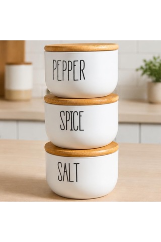 Bambu Vakumlu Hava Geçirmez Kapaklı 3'lü Beyaz Cam Baharatlık Seti 370 Ml, Spice Salt Pepper Yazılı Silindir Kavanoz, Tuzluk Ve Kuru Gıda Saklama Kabı, Tezgah Üstü Mutfak Düzenleyici 3 Parça Set Diğer