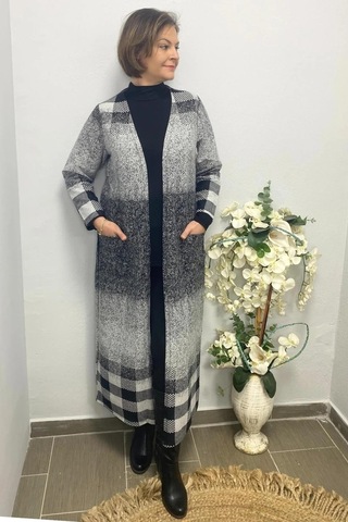Mia Butik Büyük Beden Gri Desenli Uzun Hırka Gri