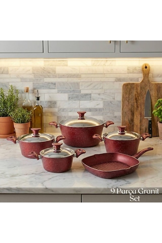 9 Parça Granit Set Çelik Kapak - Kırmızı Kırmızı