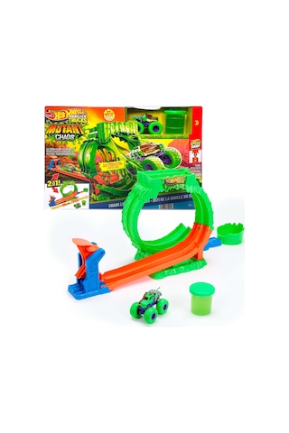 Hot Wheels Monster Trucks Mutant Kaosu Çemberde Yarış Oyun Seti, 1:64 Ölçekli Wreckin' Wolf, 110 Gramlık Slime, 2 Oynama Şekli, Jmk91