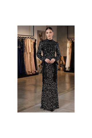 Dorne Moda Payetli Kemer Detaylı Uzun Kollu Balık Model Abiye Elbise Altın Altın
