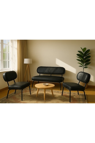 Luna Modern Deri Koltuk Takımı Bekleme Koltuğu Ofis Koltuk Takımı Siyah Siyah