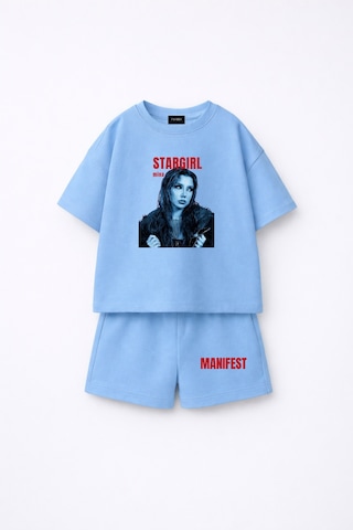 Fasardi Manifest Girls Mina Baskılı Oversize %100 Pamuk Tişört Şort 2li Çocuk Takım Mavi