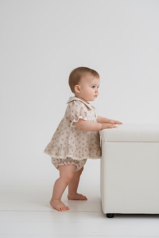 Babymuz Kız Bebek Çiçek Desenli Elbise Ve Külot İki Parça Bej
