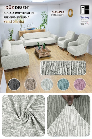 Jakarlı 3 3 1 1 Taş-gri Lastikli Kanepe Örtüsü Lastikli Koltuk Örtüsü Koltuk Kılıfı Takımı Krem 180x220