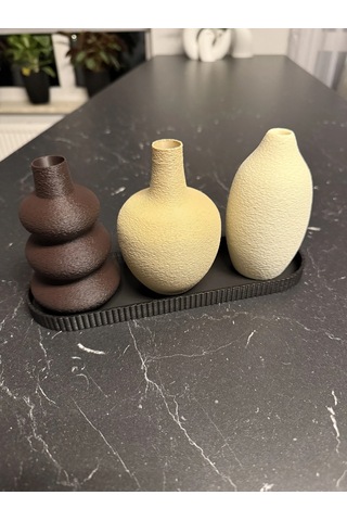 Alvera 3'lü Dekoratif Vazo Seti Ve Sunum Tepsisi Modern Minimalist Masa Dekoru Çok Renkli