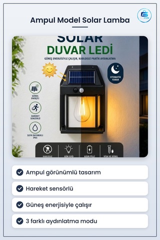 Ampul Model Solar Led Duvar Aplik Hareket Sensörlü Güneş Enerjili