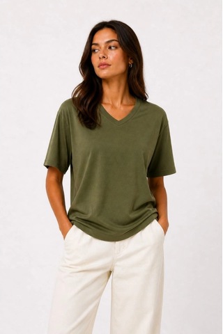 Wear Vexel Kadın V Yaka Basic Tişört Kısa Kol Yazlık Regular Fit T-shirt - Haki Haki