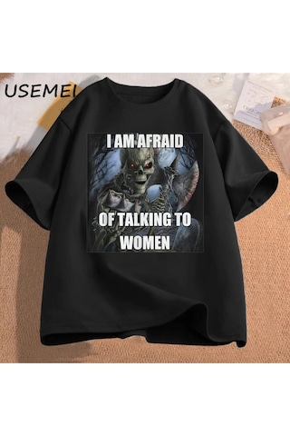 Startmore Ben Kadın T-shirt Erkek Pamuk Kısa Kollu Tees İle Konuşmaktan Korkuyorum Komik Sert İskelet M 3016 Siyah