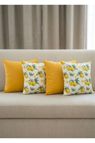 4'lü 43x43 Cm Kare Sarı Düz Limon Çiçek Desenli Dekoratif 4 Parça Kırlent Kılıfı Akdeniz Esintisi Sarı Yeşil