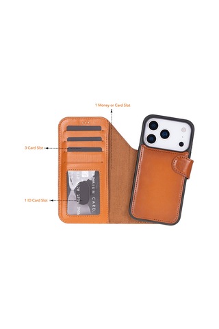 Bloomcase Magic Wallet Urban Tan Apple Uyumlu iPhone 17 Pro 6.3" Hakiki Deri Çıkarılabilir Cüzdanlı Telefon Kılıfı Taba