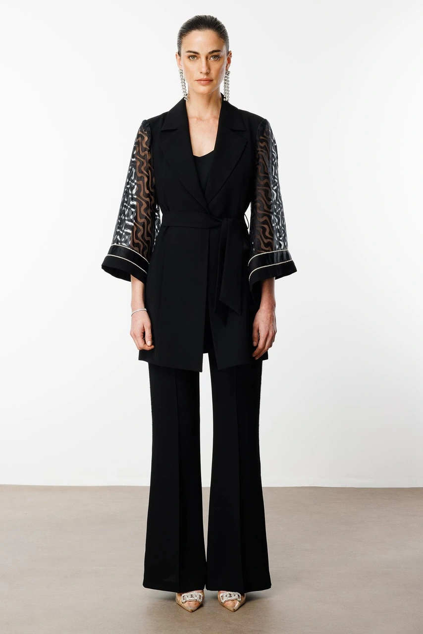 Moda İlgi Kadın Evaze Kol Şerit Taş Aksesuarlı Uzun Ceket 0027 Siyah Siyah