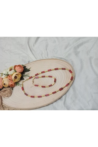 Şık Kırmızı Modern Kolye Ve Bileklik Takı Seti Kırmızı