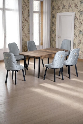 Sonata Ceviz 80 X 132 Açılabilen Mdf Masa Siyah Metal Ayaklı Mutfak Masası Takımı 6 Gri Sandalye Gri