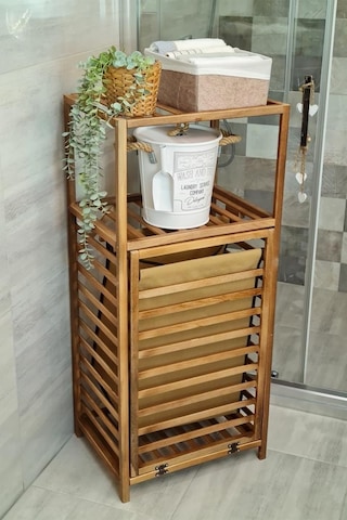 Digithome Ceviz Rengi Ahşap Kirli Sepetli Banyo Düzenleyici Raf Cvz01 Ceviz