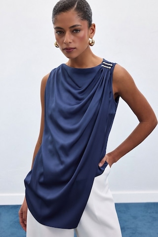 Sateen Aksesuar Detaylı Kolsuz Bluz - Lacivert-136920 Lacivert