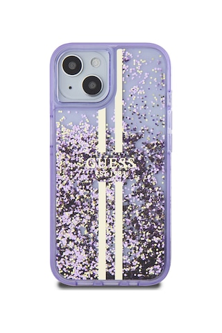Apple Uyumlu iPhone 14 Kılıf Guess Lisanslı Transparan Sıvılı Simli Altın Çizgili Kapak Mor