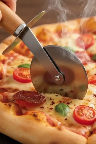Ahşap Saplı Pizza Kesici Paslanmaz Çelik Bıçaklı, Pratik, Dayanıklı Ve Ergonomik Çelik
