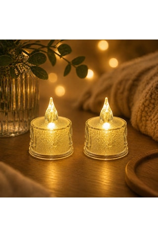 Led 2 Adet Dekoratif Mum Sarı Işık Alev Efektli Tealight Gece Lambası Beyaz