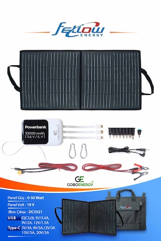 Fellow 50w Katlanabilir Çanta Tipi Solar Güneş Panel Seti + Power