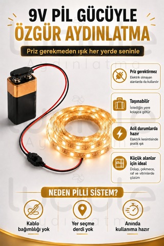 3 Metre Amber 9v Pilli Anahtarlı Şerit Led Set Pil Dahil Prizsiz Yapışkanlı Dolap Raf Işığı