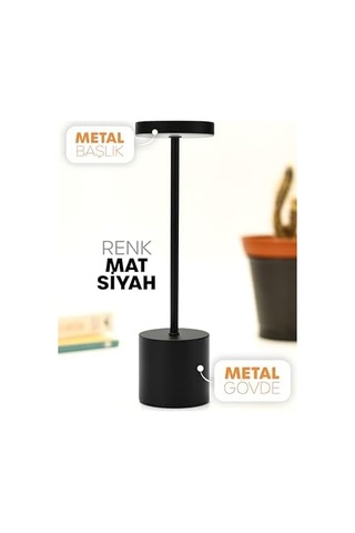 Şarjlı Masa Lambası Metal Abajur Dokunmatik 3 Işık Parlaklık Ayarlı Gece Masa Üstü Lamba Siyah .
