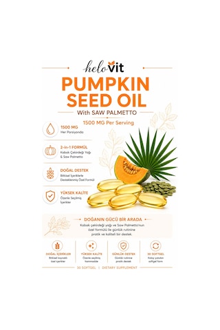 Helovit Pumpkin Seed Oil Softjel 1500 Mg & Saw Palmetto İçeren 2-in-1 Erkek Sağlığı Ve Doğal Destek 30 Softjel