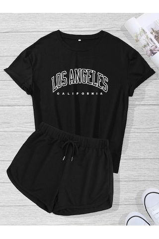 Los Angeles T-shirt Şort - Siyah 2'li Kombin Şort Tişört Takım Baskılı Oversize Bisiklet Yaka Siyah