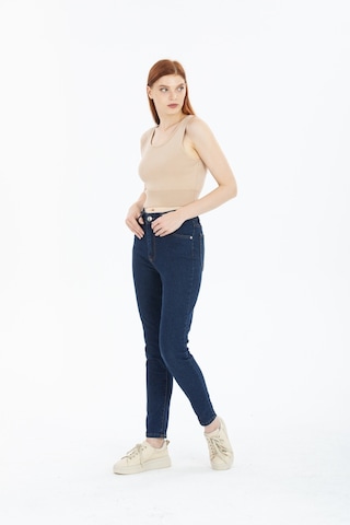 Kadın Mavi Yüksek Bel Yumuşak Dokunuşlu Rahat Kesim Mom Jeans Kot Pantolon Koyu Mavi