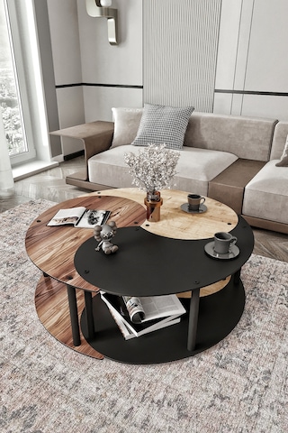 Yin Yang Unıty Serenıty Orta Sehpa 3 Lü Safir Meşe Madran Ceviz Siyah 90 Cm Çap Siyah
