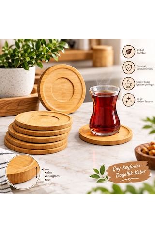 Bambu 6 Adet Yuvarlak Çay Bardağı Tabağı