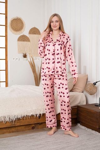 Lüks Saten Pijama Takımı Düğmeli, Cepli Ve Arabiyeli Turuncu