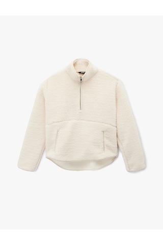 Koton Uzun Kollu Cepli Yarım Fermuarlı Spor Peluş Sweatshirt Ekru 6wak20011nk Ekru