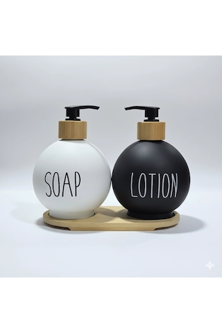 Lüks Tasarım Bambu Standlı 2'li Banyo Sabunluk Seti - Siyah & Beyaz Çok Renkli