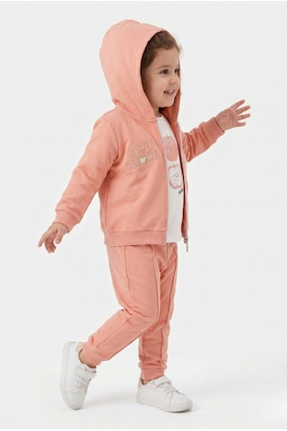 Toontoy Kids Toontoy Kız Çocuk 3'lü Eşofman Takımı Uzun Kollu Bisiklet Yaka Nakışlı T-shirt - Kapüşonlu Fermuarlı Hırka- Beli Paçası Lastikli Eşofman Altı 25040 Pudra