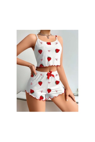 Lily Bianca Nightwear Çilek Desenli Askılı Mini Şortlu Penye Gecelik Beyaz