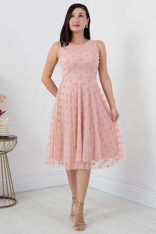 Sifir Kol Yuvarlak Abiye Elbise Pudra