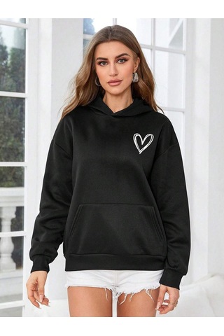 Clayes Kalp Logo Sweatshirt - Siyah Baskılı Oversize Kapüşonlu Siyah