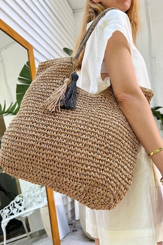 Matthew Cox Zebra Desen Fermuarlı Astarlı Cepli Omuz Askılı Sahil Plaj Beach Club Hasır Çanta Camel