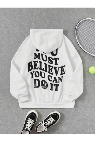 You Must Believe Sweatshirt - Beyaz Baskılı Oversize Kapüşonlu Beyaz