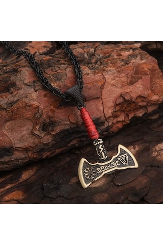Viking Çift Taraflı Balta Kırmızı İpli Erkek Kolye Çelik Takı
