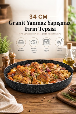 Granit Döküm Yuvarlak Fırın Tepsi Yanmaz Yapışmaz Yüksek Isıya Dayanıklı 34 Cm