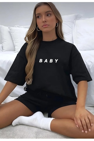 Hırsch Kadın Siyah Oversize Yazlık Baby Baskılı Şort T-shirt Takım Mat Siyah