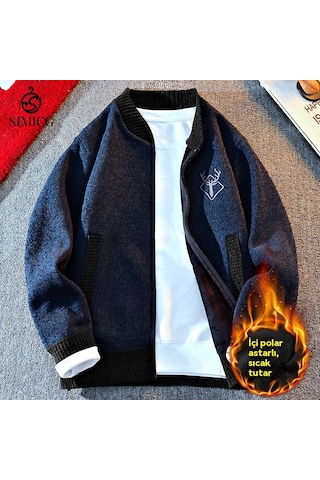 Erkek Fermuarlı Örme Polar Hırka Kazak Lacivert