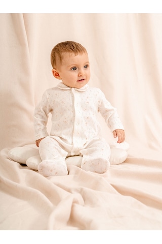 Jakarlı Baskılı, Bebe Yakalı, Patikli Bebek Tulum 1-3 / 3-6 / 6-9 / 9-12 Ay Ekru