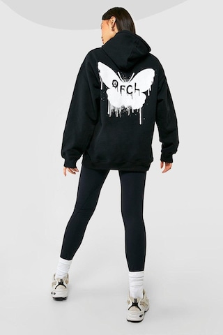 Siyah Butterfly Oversize Sweatshirt - Baskılı Oversize Kapüşonlu Siyah