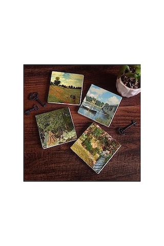 Claude Monet Bahçede, Kırda Öğle Yemeği, Argenteuil'de Köprü, Gelincikler Taş Bardak Altlığı Seti - 4 Parça - Dekoratif, Rustik Mutfak Aksesuarı, 10x10 Cm, Kaydırmaz Tabanlı Sc128 1